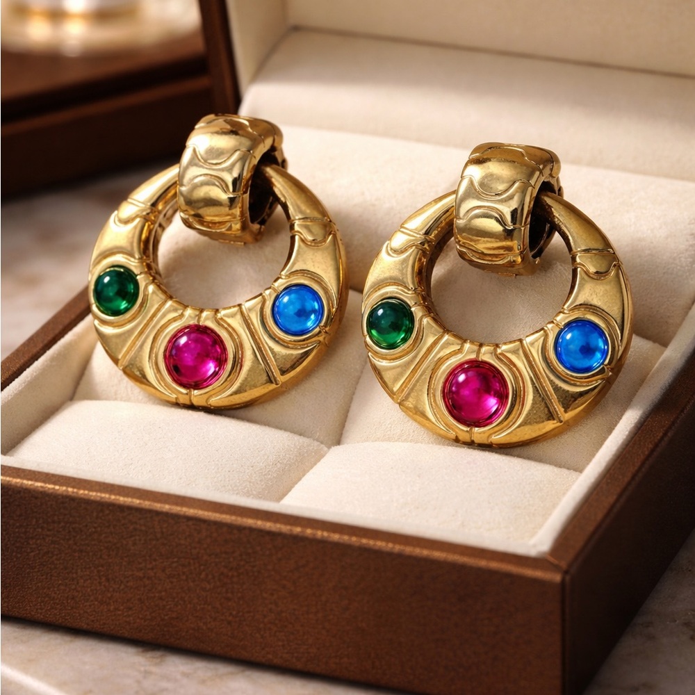 Vintage, Colorful Glass Gold Earrings